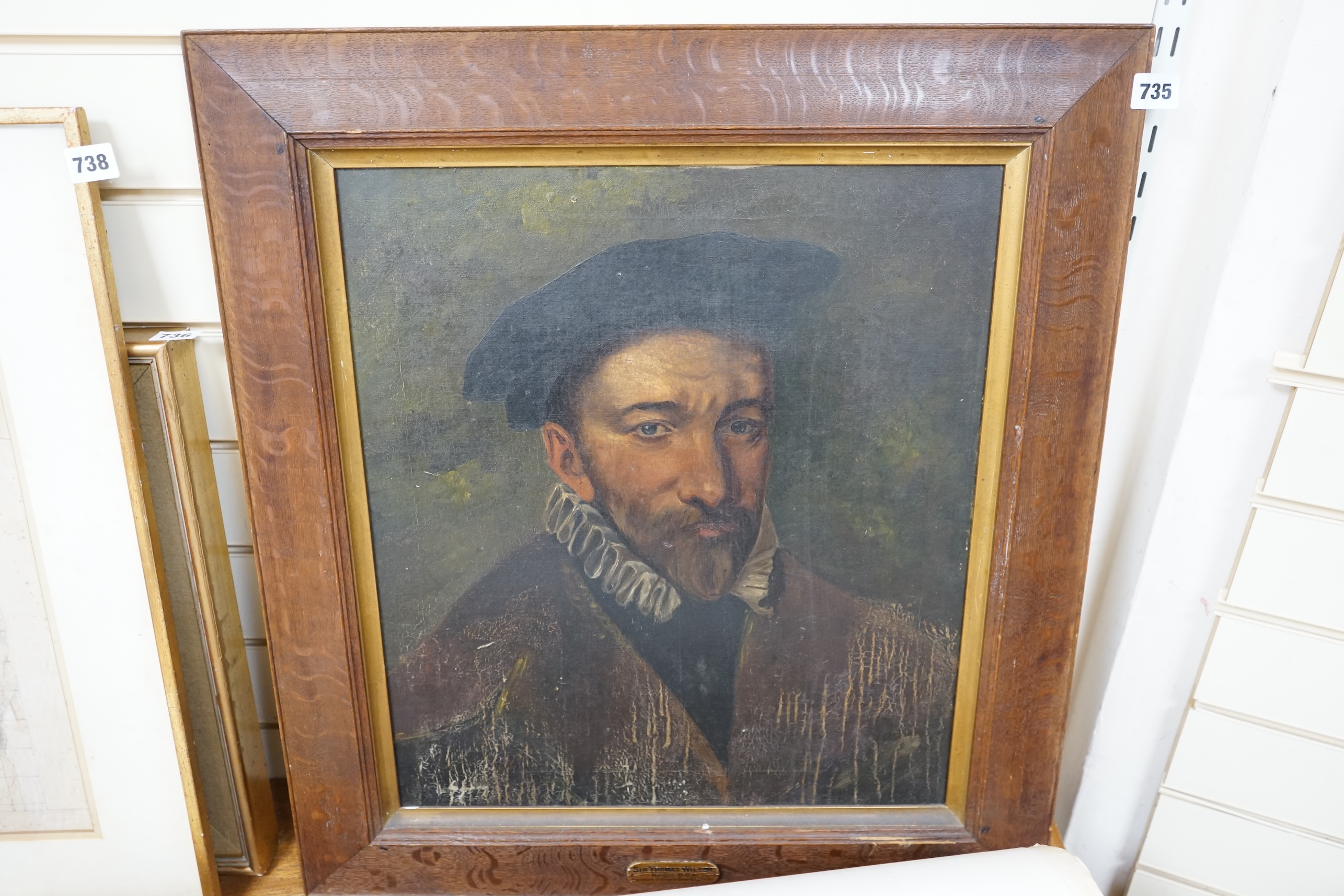 19th century English School, oil on canvas, Portrait of Sir Thomas Wilson, Secretary of State to Queen Elizabeth I, unsigned, 51 x 45cm, applied plaque to the frame. Condition - poor